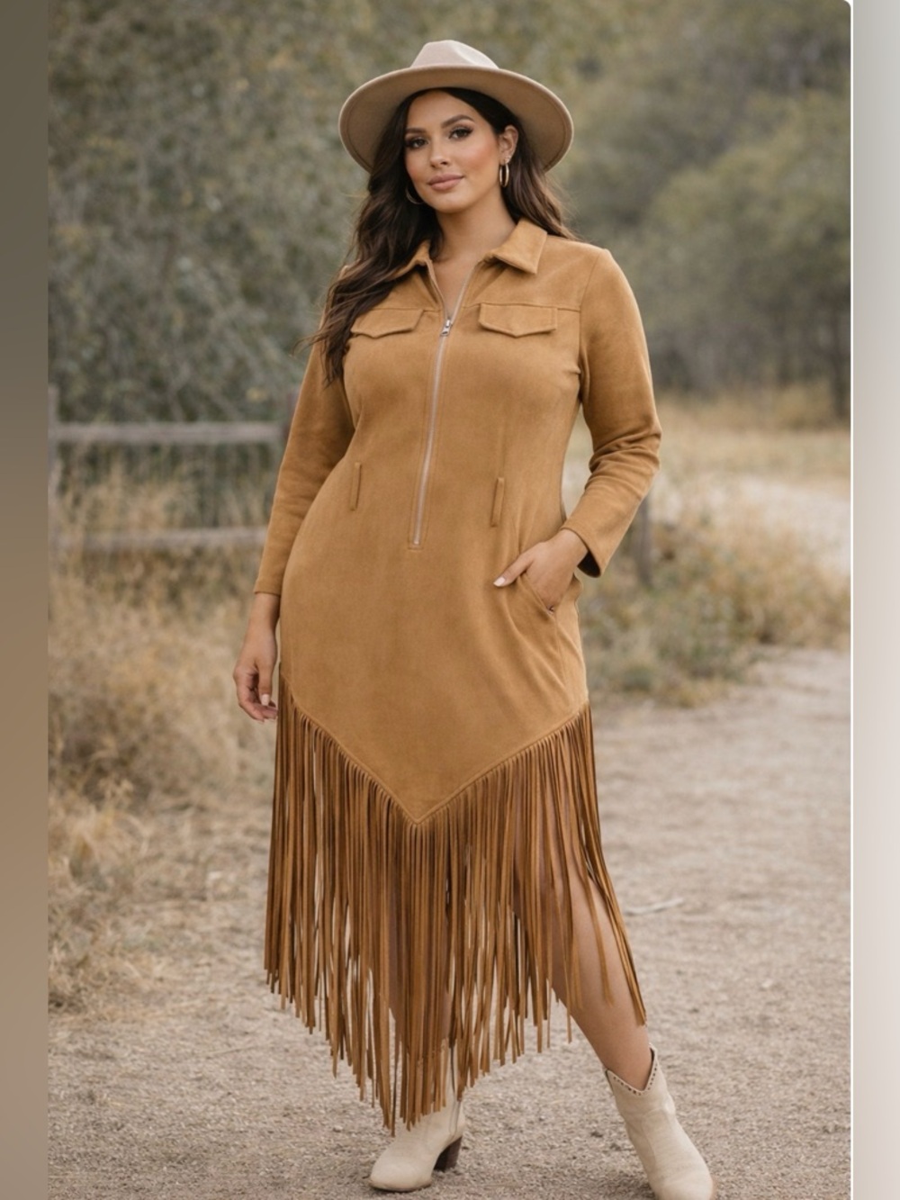 OYROSY Western Fringe Dress Faux Suede Cowgirl Knee Length Midi Fringe Ham Tan S